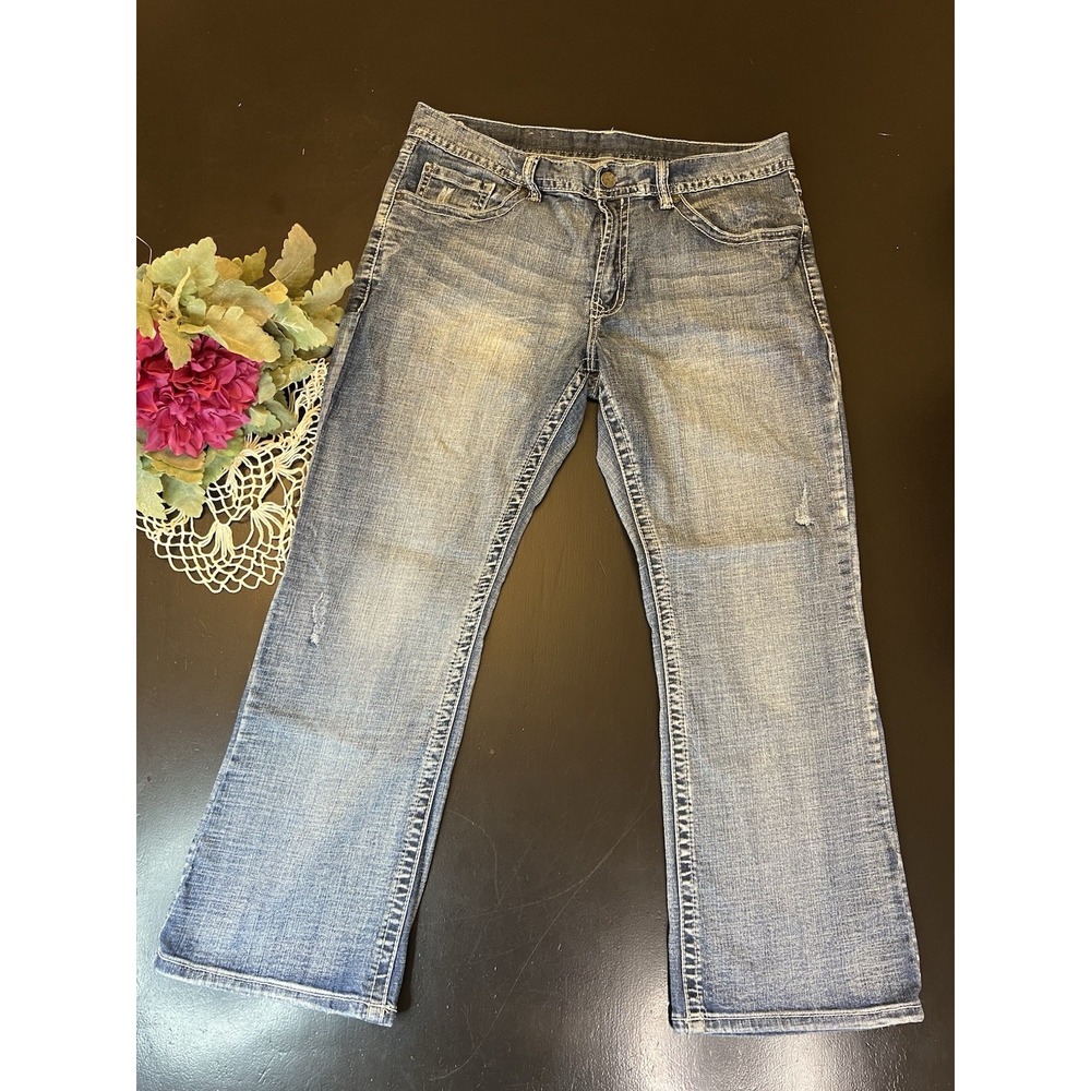 TK Axel Brand Western Blue Jeans Sz 36x30 Distressed Bootcut